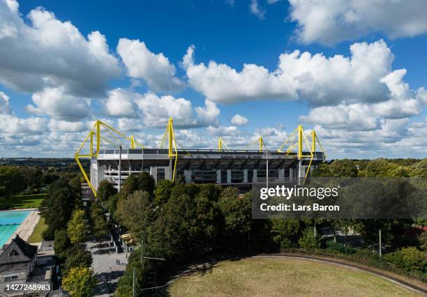 An aerial view of the Signal Iduna Park on September 25, 2022 in Dortmund, Germany. The then so called BVB Stadion Dortmund is one of the venues of...