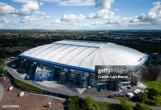 An aerial view of the Veltins-Arena on September 25, 2022 in Gelsenkirchen, Germany. The then so called Arena AufSchalke is one of the venues of the...