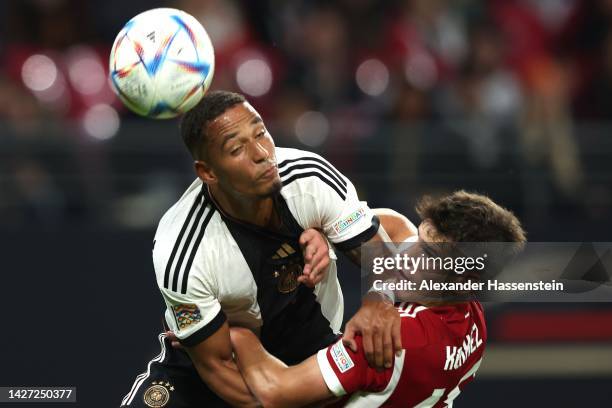 Lukas Nmecha of Germany battles for the ball with Milos Kerkez of Hungary during the UEFA Nations League League A Group 3 match between Germany and...