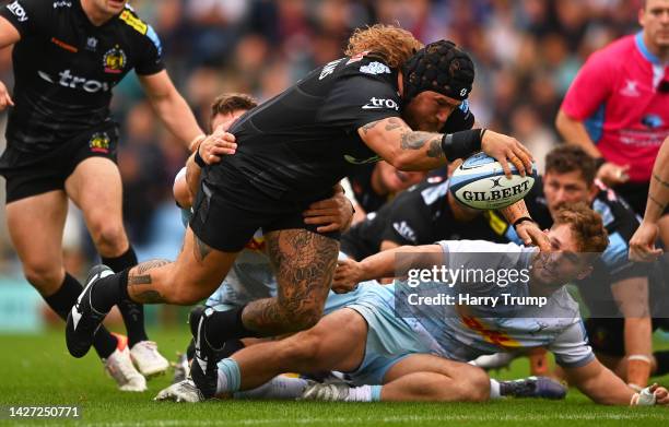 Harry Williams of Exeter Chiefs goes over to score their sides first try during the Gallagher Premiership Rugby match between Exeter Chiefs and...