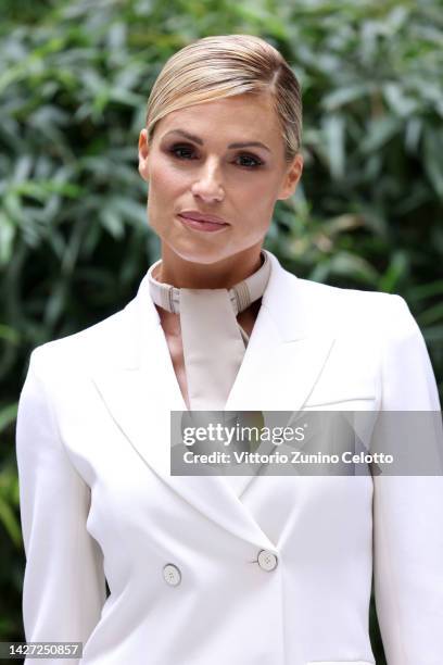 Michelle Hunziker is seen at the Giorgio Armani Fashion Show during the Milan Fashion Week Womenswear Spring/Summer 2023 on September 25, 2022 in...