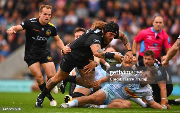 Harry Williams of Exeter Chiefs goes over to score their sides first try during the Gallagher Premiership Rugby match between Exeter Chiefs and...