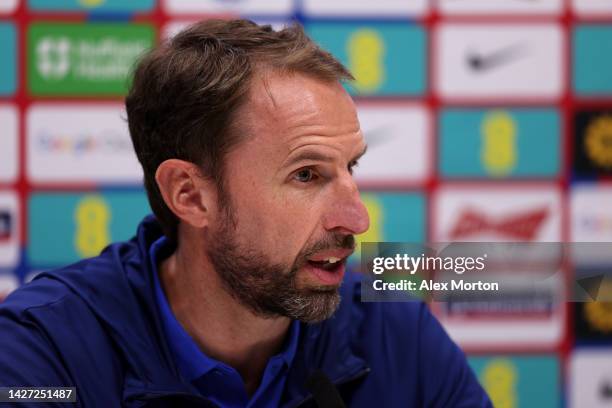 England Manager Gareth Southgate speaks during a press conference following a training session at Tottenham Hotspur Training Centre on September 25,...