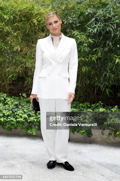 Michelle Hunziker is seen at the Giorgio Armani Fashion Show during the Milan Fashion Week Womenswear Spring/Summer 2023 on September 25, 2022 in...