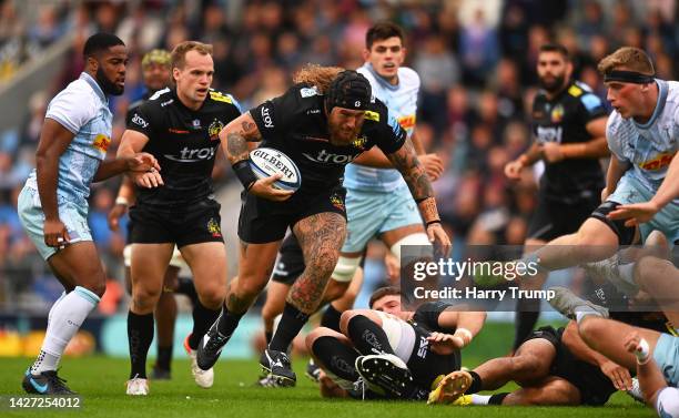 Harry Williams of Exeter Chiefs goes over to score their sides first try during the Gallagher Premiership Rugby match between Exeter Chiefs and...