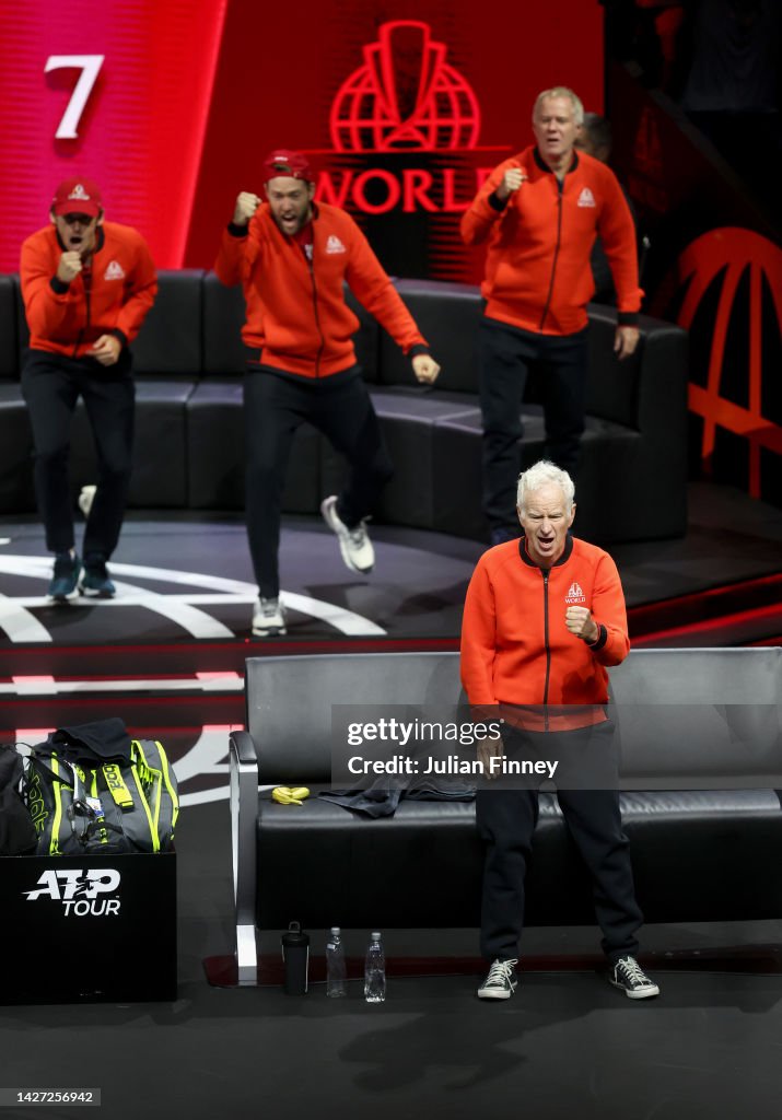 Captain Shek John McEnroe, Captain of Team World celebrates a point during the ...