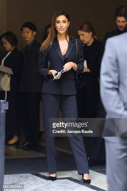 Belen Rodriguez is seen at the Giorgio Armani Fashion Show during the Milan Fashion Week Womenswear Spring/Summer 2023 on September 25, 2022 in...
