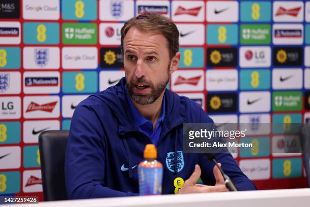 England Manager Gareth Southgate speaks during a press conference following a training session at Tottenham Hotspur Training Centre on September 25,...