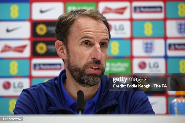 England Manager Gareth Southgate speaks during a press conference following a training session at Tottenham Hotspur Training Centre on September 25,...