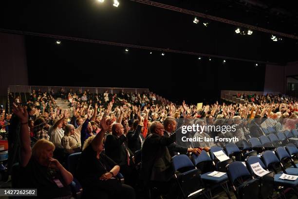 Delegates take part in voting on the first day of the Labour Party Conference in Liverpool on September 25, 2022 in Liverpool, England The Labour...