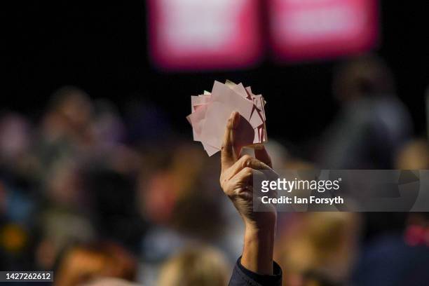 Delegates take part in voting on the first day of the Labour Party Conference in Liverpool on September 25, 2022 in Liverpool, England The Labour...