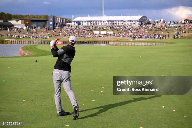 Guido Migliozzi of Italy plays his second shot on the 18th hole on Day Four of the Cazoo Open de France at Le Golf National on September 25, 2022 in...