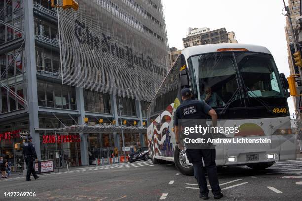 Buses of migrants who have been detained at the Texas border continue to arrive in New York, September 25, 2022 at the Port Authority bus terminal in...