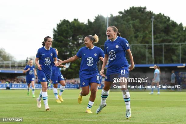Fran Kirby of Chelsea celebrates after scoring her team's first goal during the FA Women's Super League match between Chelsea FC Women and Manchester...