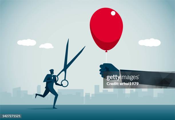let the balloon fly - holding scissors stock illustrations