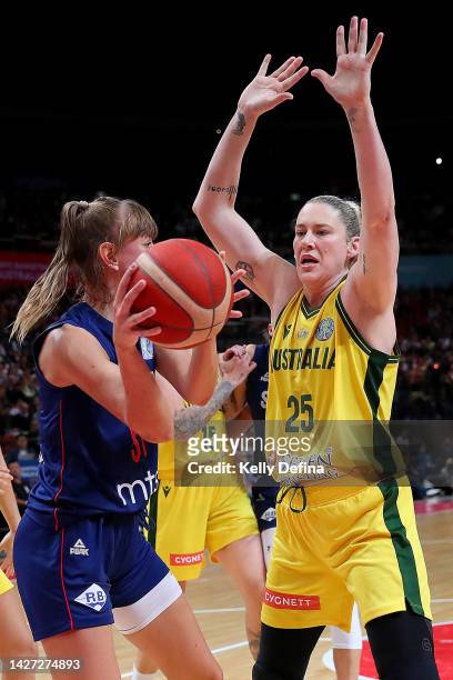 Lauren Jackson of Australia guards Mina Djordjevic of Serbia during the 2022 FIBA Women's Basketball World Cup Group B match between Australia and...