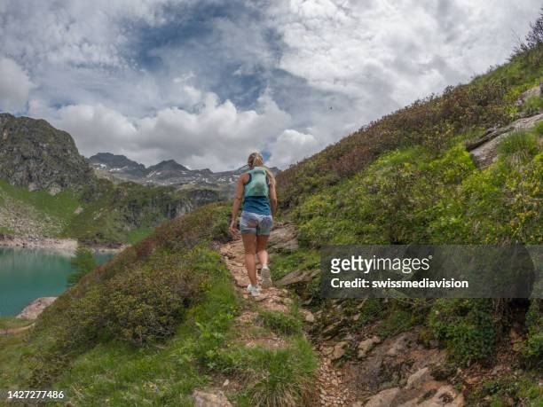 woman trail runner contemplates mountain landscape - cross country road trip stock pictures, royalty-free photos & images