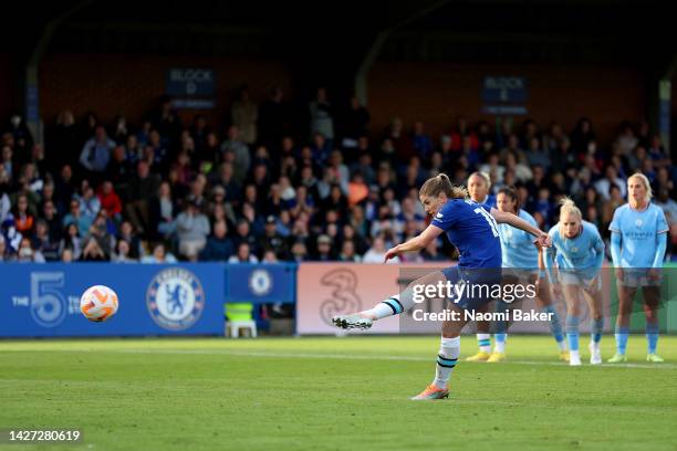 Maren Mjelde of Chelsea scores their side's second goal from the penalty spot during the FA Women's Super League match between Chelsea and Manchester...