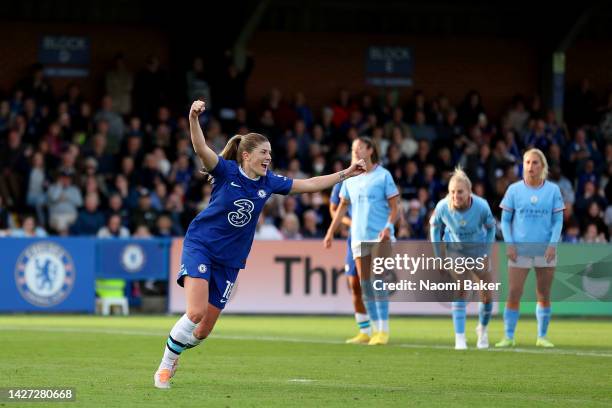 Maren Mjelde of Chelsea celebrates after scoring their side's second goal from the penalty spot during the FA Women's Super League match between...