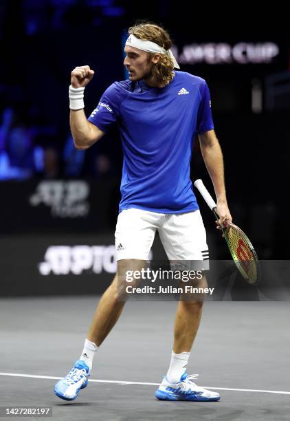 Stefanos Tsitsipas of Team Europe celebrates a point during the singles match between Stefanos Tsitsipas of Team Europe and Frances Tiafoe of Team...