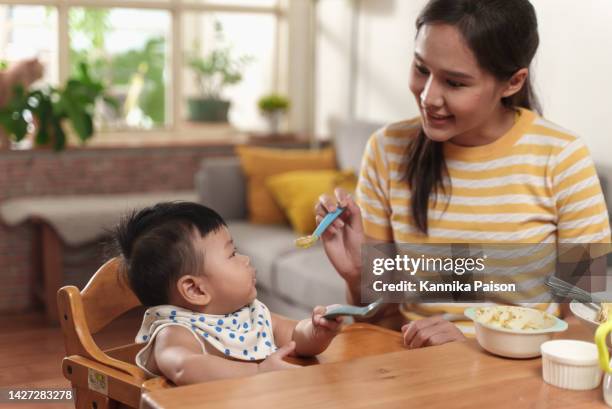 asian mother feeding her baby boy at home. - asian baby eating stock pictures, royalty-free photos & images