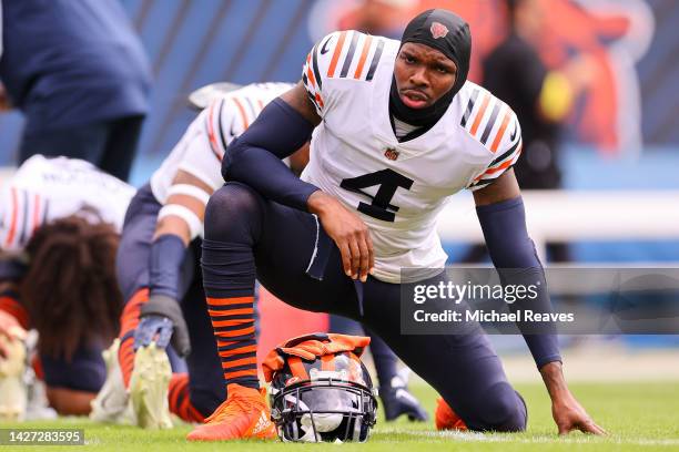 Safety Eddie Jackson of the Chicago Bears warms up at Soldier Field on September 25, 2022 in Chicago, Illinois.