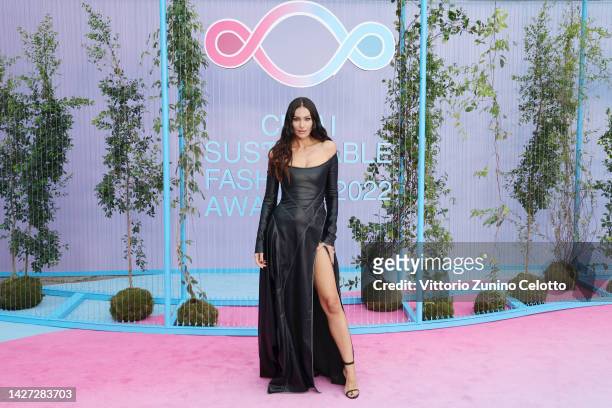 Paola Turani attends the CNMI Sustainable Fashion Awards 2022 pink carpet during the Milan Fashion Week Womenswear Spring/Summer 2023 on September...