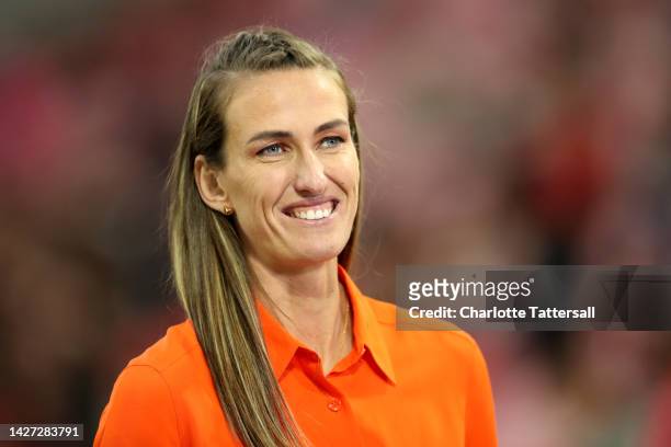 Jill Scott, former professional footballer looks on prior to the FA Women's Super League match between Liverpool and Everton FC at Anfield on...
