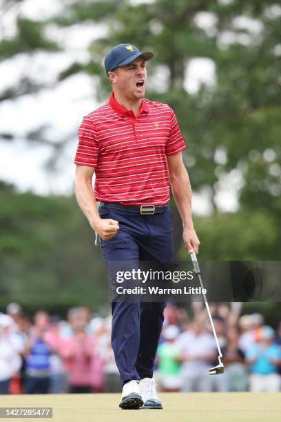 Justin Thomas of the United States Team reacts on the fifth green during Sunday singles matches on day four of the 2022 Presidents Cup at Quail...