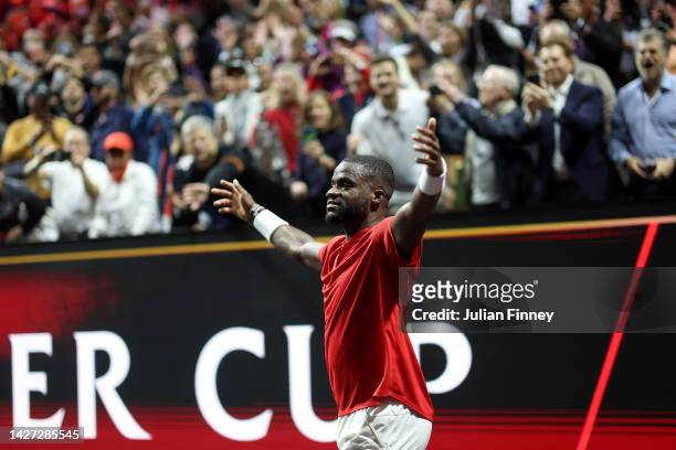 Frances Tiafoe of Team World celebrates winning championship point during the singles match between Stefanos Tsitsipas of Team Europe and Frances...