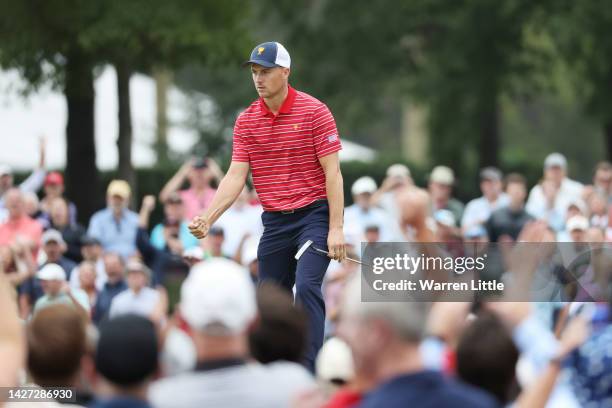 Jordan Spieth of the United States Team celebrates winning the fourth hole during Sunday singles matches on day four of the 2022 Presidents Cup at...