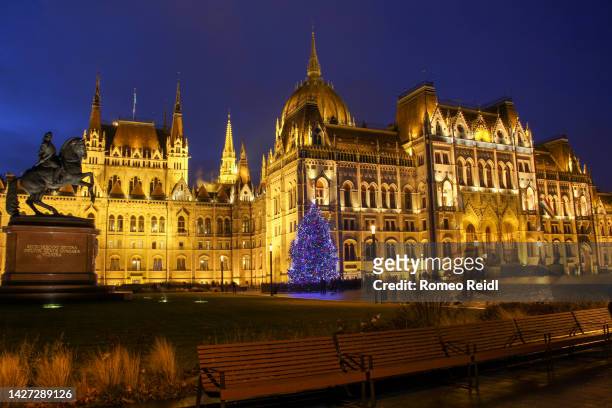 the country's christmas tree erected in front of the illuminated hungarian parliament - budapest nightlife stock pictures, royalty-free photos & images