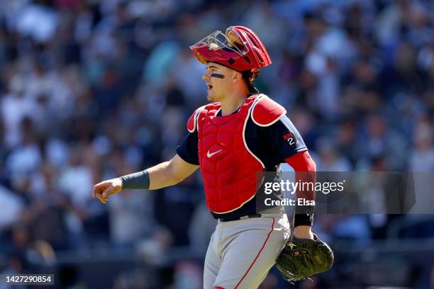 Reese McGuire of the Boston Red Sox reacts after a play against the New York Yankees t Yankee Stadium on September 24, 2022 in the Bronx borough of...