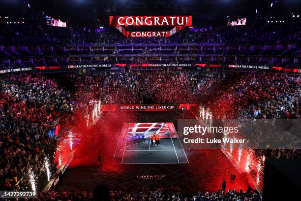 General view as players of Team World celebrate with the Laver Cup trophy during Day Three of the Laver Cup at The O2 Arena on September 25, 2022 in...