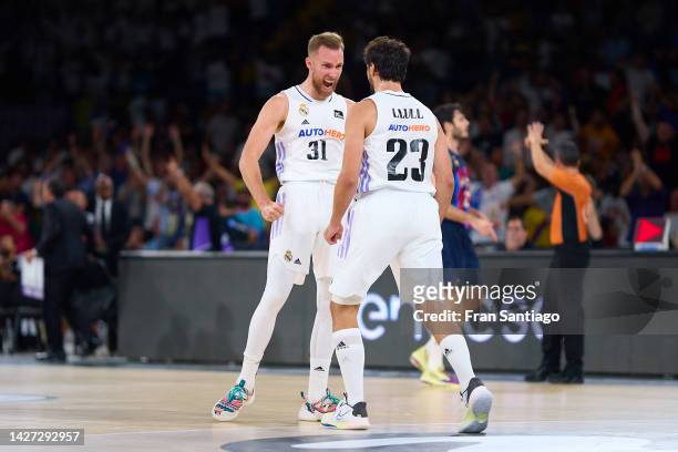 Sergio Llull and Dzanan Musa of Real Madrid celebrate during the Supercopa Endesa final match between Real Madrid and FC Barcelona on September 25,...