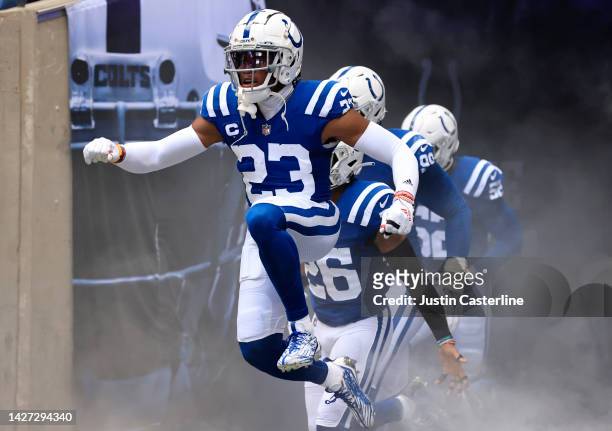 Kenny Moore II of the Indianapolis Colts during player introductions before the game against the Kansas City Chiefs at Lucas Oil Stadium on September...