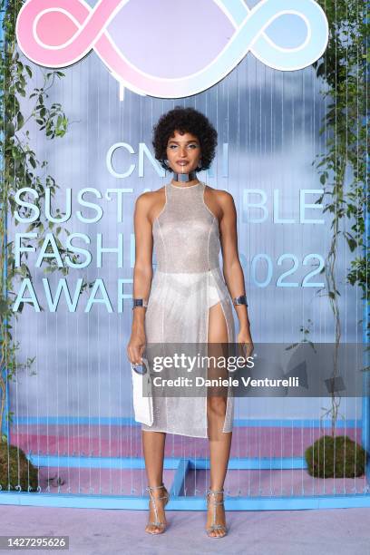 Indya Moore attends the CNMI Sustainable Fashion Awards 2022 pink carpet during the Milan Fashion Week Womenswear Spring/Summer 2023 on September 25,...