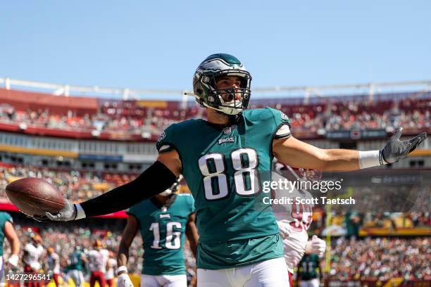 Tight end Dallas Goedert of the Philadelphia Eagles celebrates after scoring a touchdown during the first quarter at FedExField on September 25, 2022...