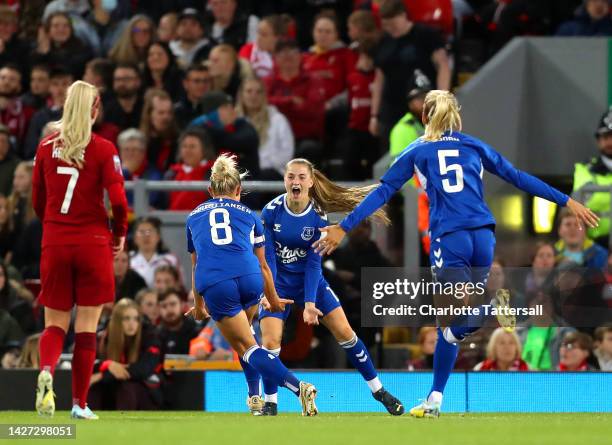 Jess Park of Everton celebrates with teammate Izzy Christiansen after scoring their team's second goal during the FA Women's Super League match...
