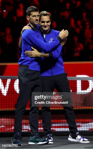 Novak Djokovic and Roger Federer of Team Europe react following defeat in the Laver Cup during Day Three of the Laver Cup at The O2 Arena on...