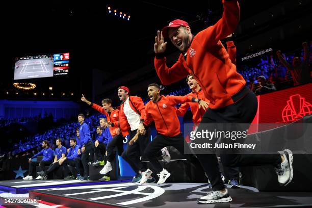 Diego Schwartzman, Tommy Paul, Felix Auger-Aliassime and Jack Sock of Team World celebrate championship point during the singles match between...