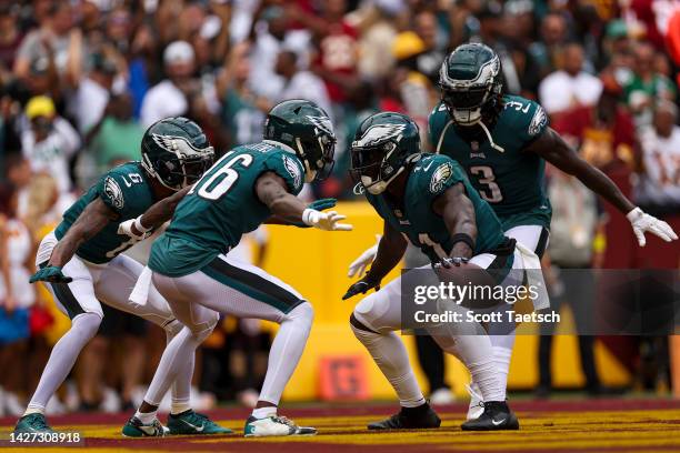 Wide receiver A.J. Brown of the Philadelphia Eagles celebrates with teammates after his touchdown during the second quarter against the Washington...