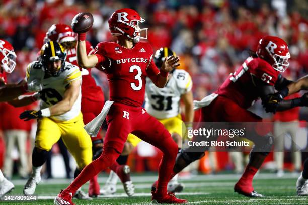 Quarterback Evan Simon of the Rutgers Scarlet Knights in action against the Iowa Hawkeyes during a game at SHI Stadium on September 24, 2022 in...