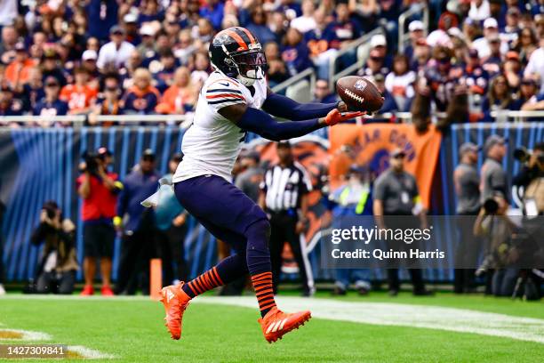 Safety Eddie Jackson of the Chicago Bears intercepts a pass during the first quarter at Soldier Field on September 25, 2022 in Chicago, Illinois.