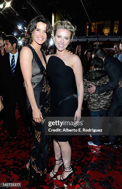 Actresses Cobie Smulders and Scarlett Johansson attend the premiere of Marvel Studios' "Marvel's The Avengers" held at the El Capitan Theatre on...