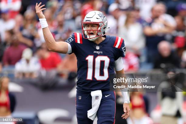 Quarterback Mac Jones of the New England Patriots reacts during the second half against the Baltimore Ravens at Gillette Stadium on September 25,...