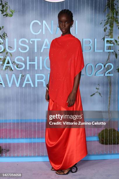 Maty Fall Diba attends the CNMI Sustainable Fashion Awards 2022 pink carpet during the Milan Fashion Week Womenswear Spring/Summer 2023 on September...