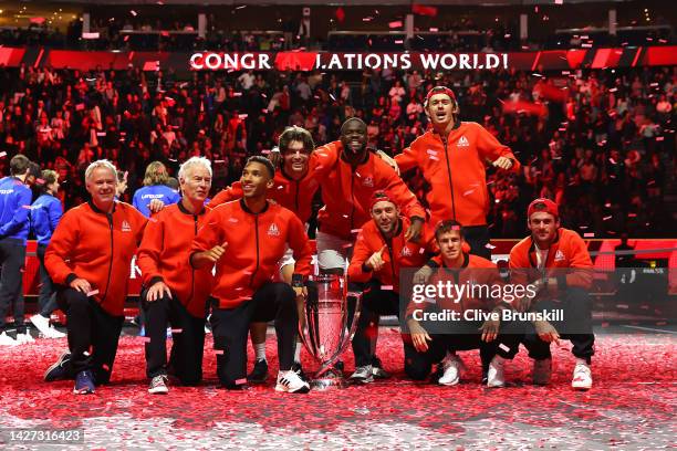 Players of Team World pose with the Laver Cup trophy after winning the Laver Cup during Day Three of the Laver Cup at The O2 Arena on September 25,...