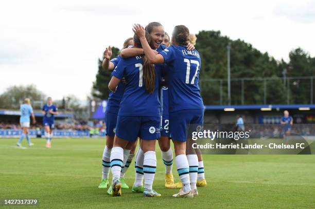 Fran Kirby of Chelsea celebrates with teammates after scoring her team's first goal during the FA Women's Super League match between Chelsea FC Women...