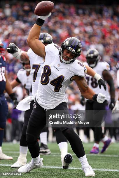Tight end Josh Oliver of the Baltimore Ravens celebrates after scoring a touchdown during the third quarter against the New England Patriots at...